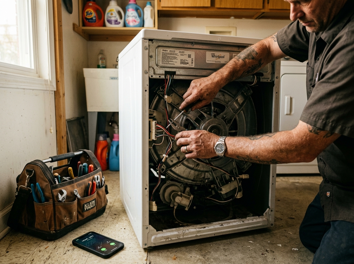A repair technician working inside a washing machine while a phone lights up unanswered on the floor beside the tool bag